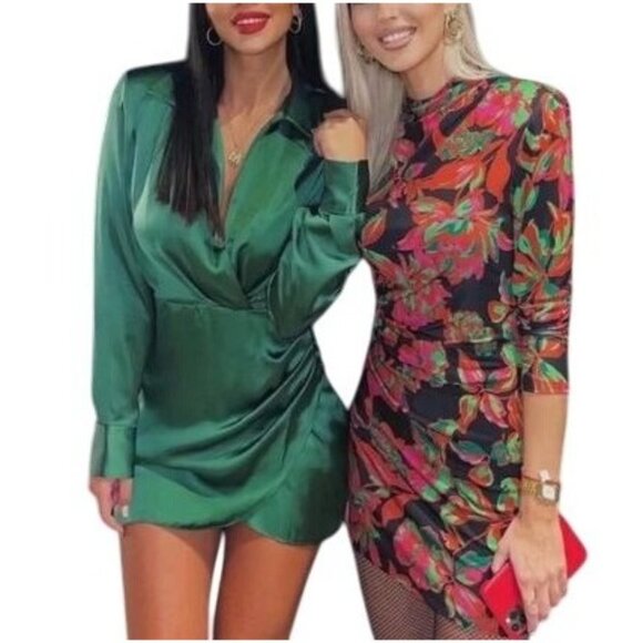 Zara Glamour Chic Collared Satin Effect Wrap Mini Dress Green Women's Medium - Picture 3 of 9